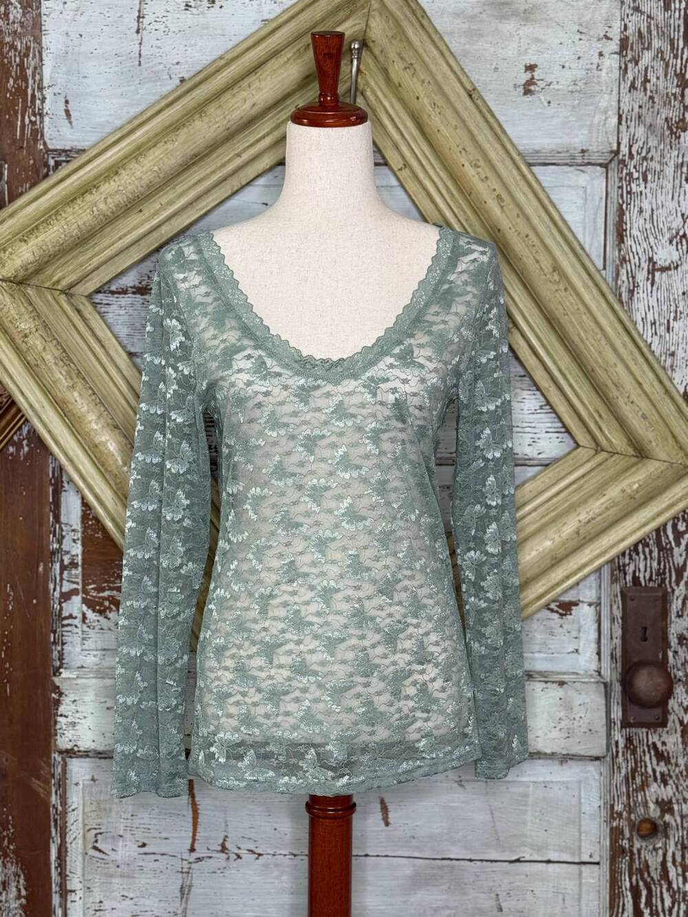 NEW A RARE BIRD women's lace vintage layer shirt in sage